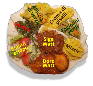Siga Watt Missir Salata etiope Doro Watt Gomen Alliccia di verza Fagiolini verdi Crema di piselli